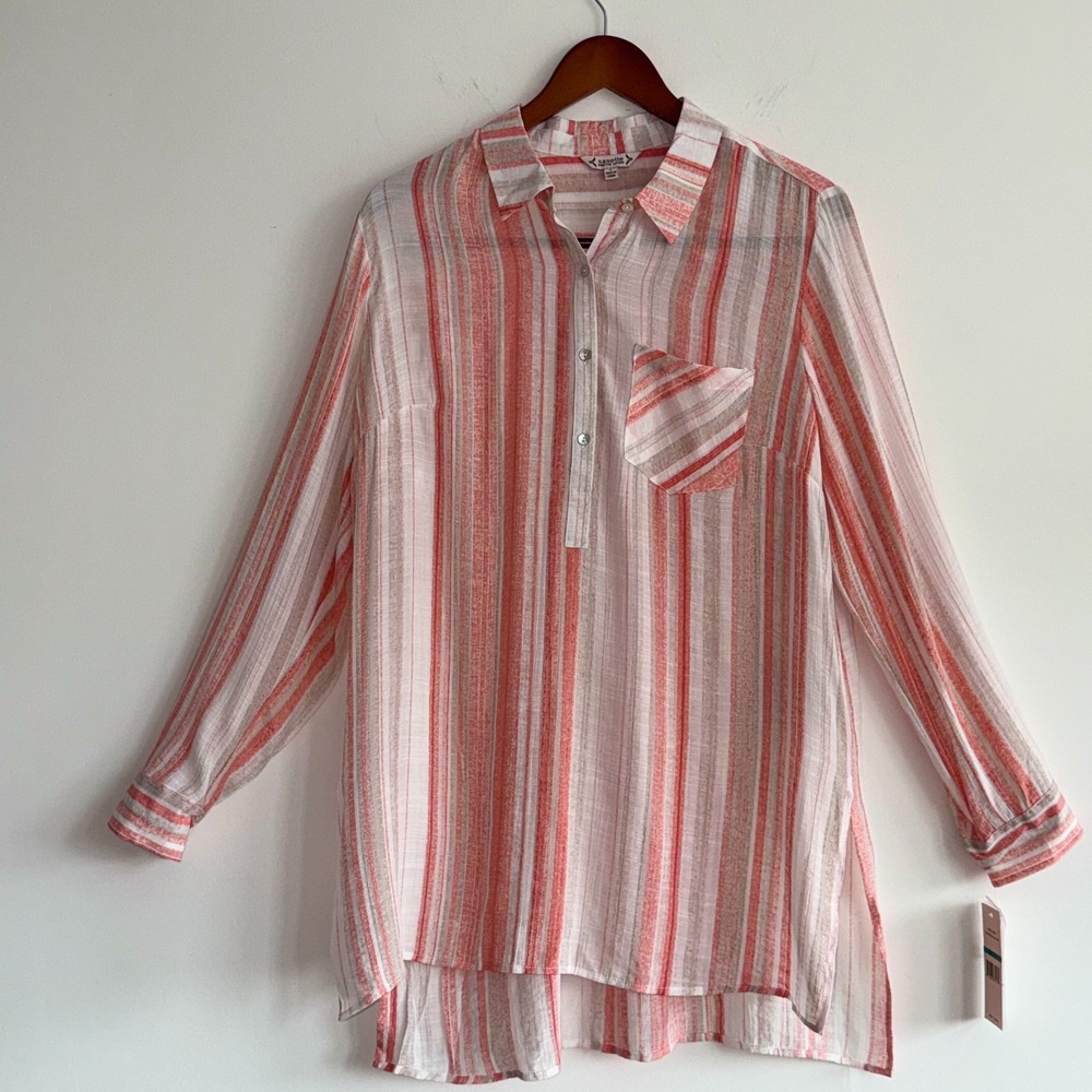 Nanette Lepore NWT Tangerine Stripe Blouse L‎ Breezy Boho Resort Chic Coastal